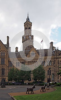 Rear view of bradford city hall in west yorkshire a victorian gothic revival sandstone building with statues and clock tower