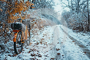 Rear view of a bright orange classic bicycle with bikepacking bags standing in the forest on the side of a rural road