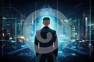 Rear view of businessman looking at night city with hologram. Future concept, Back view of businessman in futuristic interior with
