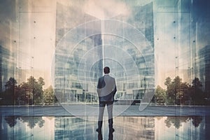 Rear view of a businessman standing in front of a modern building Generative AI