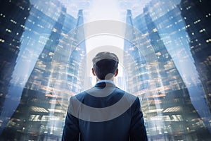 Rear view of businessman standing looking up at modern building Generative AI