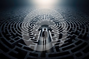 Rear view of businessman standing in a middle of a round maze, Man silhouette in maze or labyrinth. Finding solution and self