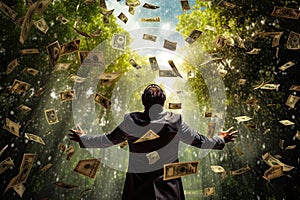 Rear view of a businessman standing in a rain of dollar bills, Happy successful man rearview standing under money rain. A lot of