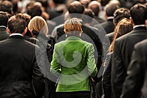 Rear view of a businesswoman in a green jacket standing in a crowd photo