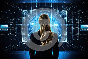 Rear view of businesswoman looking at hologram screen. Technology concept, Rear view of businesswoman looking at hologram screen