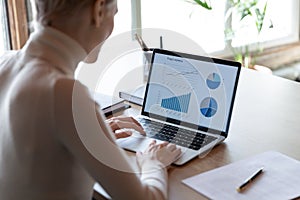 Rear view businesswoman working with financial project statistics on laptop