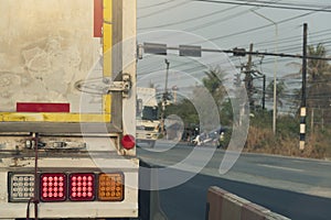 Rear view of a cargo delivery truck.