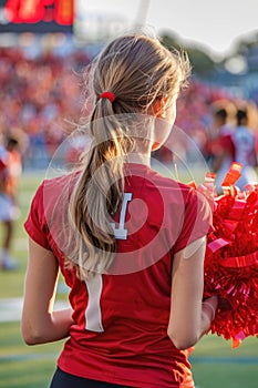 Rear view of a cheerleader with red pom-poms at a football game