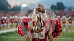 Rear view of a cheerleader with red pom-poms at a football game