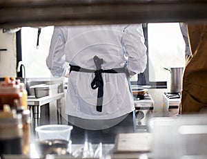 Rear view of chef cooking in the kitchen