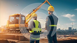 Rear view of construction worker watching excavator hauling earth at project site. Generative AI