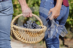 Rear view couple holding basket grapes and wineglasses