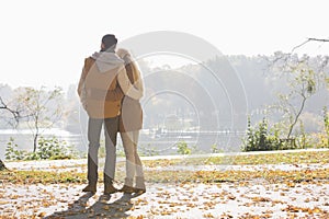 Rear view of couple looking at lake in park during autumn