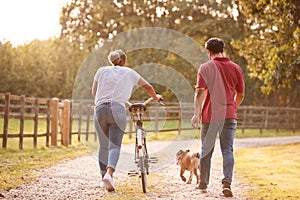 Rear View Of Couple With Pet Dog Pushing Bike Along Country Lane At Sunset