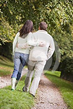 Rear view of couple walking along path