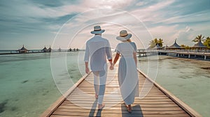 Rear view of a couple walking along a wooden pier at sunset. Man and woman in white robes and straw hats. Generative AI.