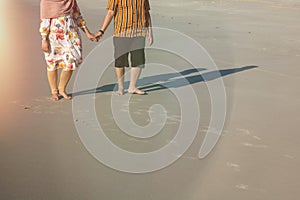 Rear view of a couple walking hand in hand on the shoreline