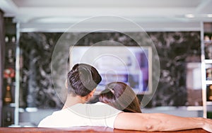 Rear view of couple watching television in living room.