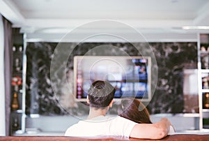 Rear view of couple watching television in living room.