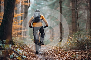 Rear view of a cyclist riding a mountain bike along a trail in a picturesque autumn forest. Extreme sports and enduro