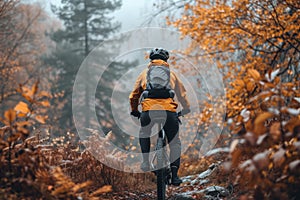 Rear view of a cyclist riding a mountain bike along a trail in a picturesque autumn forest. Extreme sports and enduro