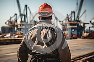 Rear view of a dock worker with red hardhat at industrial port