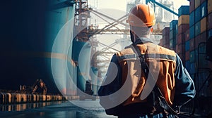 Rear view of dock workers standing in shipyard, Industry with cargo ship