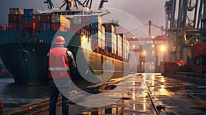 Rear view of dock workers standing in shipyard, Industry with cargo ship