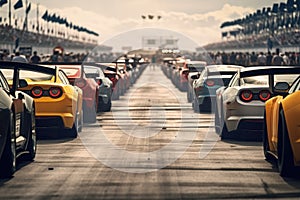 rear view of drag racing cars at the start line