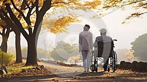 Rear view of elderly man in wheelchair and his partner care helper. Generative AI