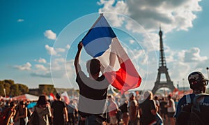 rear view of an event spectator waving a france flag