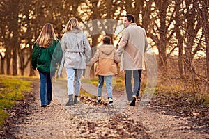 Rear View Of Family Holding Hands On Walk Through Autumn Countryside Together