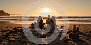 Rear view of family picnic at ocean beach during a sunset, concept of Family bonding, created with Generative AI
