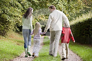 Rear view of family walking along track