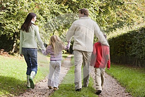 Rear view of family walking along track