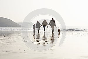 Rear View Of Family Walking Along Winter Beach With Dog