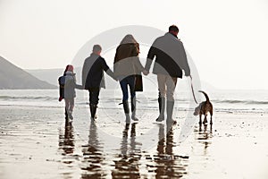 Rear View Of Family Walking Along Winter Beach With Dog