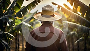 Rear view of farm worker with straw hat standing in banana plantation in spring