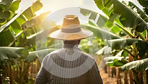 Rear view of farm worker with straw hat standing in banana plantation in spring, generated by AI