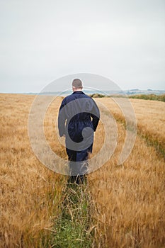 Rear view of farmer walking in the field