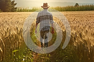 Rear view of farmer walking in a green wheat field. Generative AI