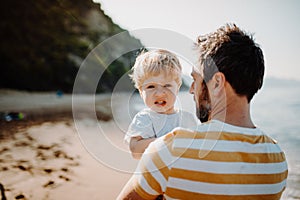 Rear view of father with a toddler boy standing on beach on summer holiday.