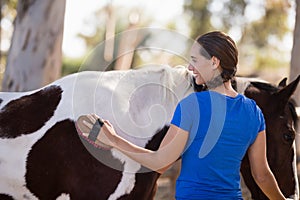 Rear view of female cleaning horse