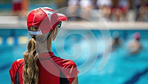 Rear view of female swimmer in cap looking at swimming pool