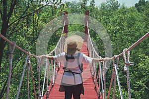 Rear view of female tourist walking across red hanging wooden bridge in mangrove forest at natural parkland