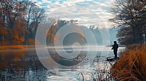 Rear view of a fisherman on lake shore in early foggy morning. A man in bright jacket stands on a large rock with a