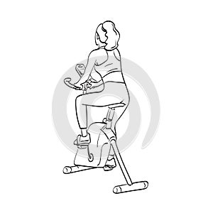 Rear view fitness woman working out on exercise bike at the gym illustration vector hand drawn isolated on white background line