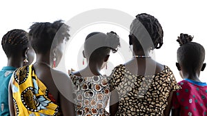 Rear view of five African females with different hairstyles, wearing colorful traditional clothing, backlit with a bright