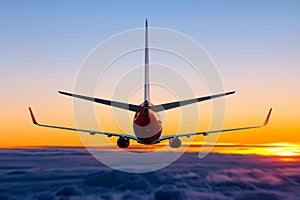 Rear view of a flying passenger jetliner in the sunset sky