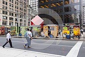 New York City, USA - June 8, 2017: Rear view of Food Trucks of street food vendors in New York City on June 8, 2017